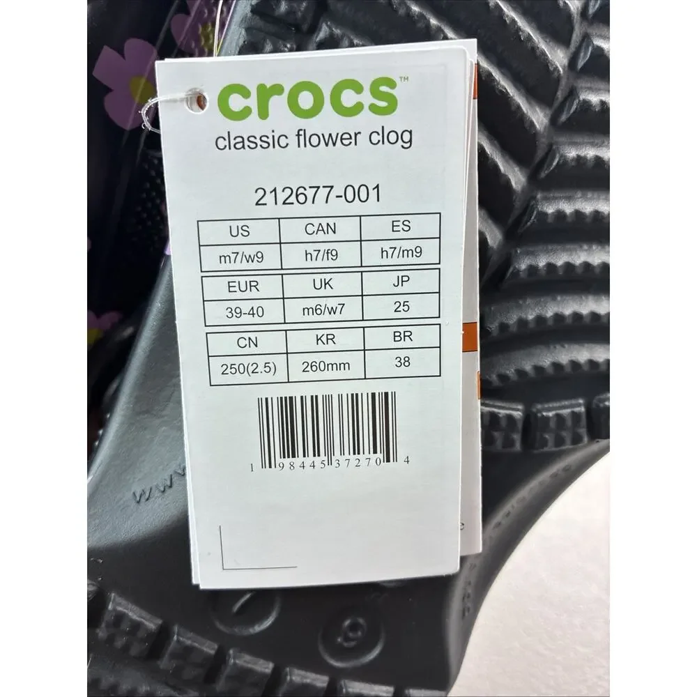 Crocs Classic Flower Clog Black Pink Floral Unisex Sandal US Size 9 Women’s 7m - Picture 5 of 5